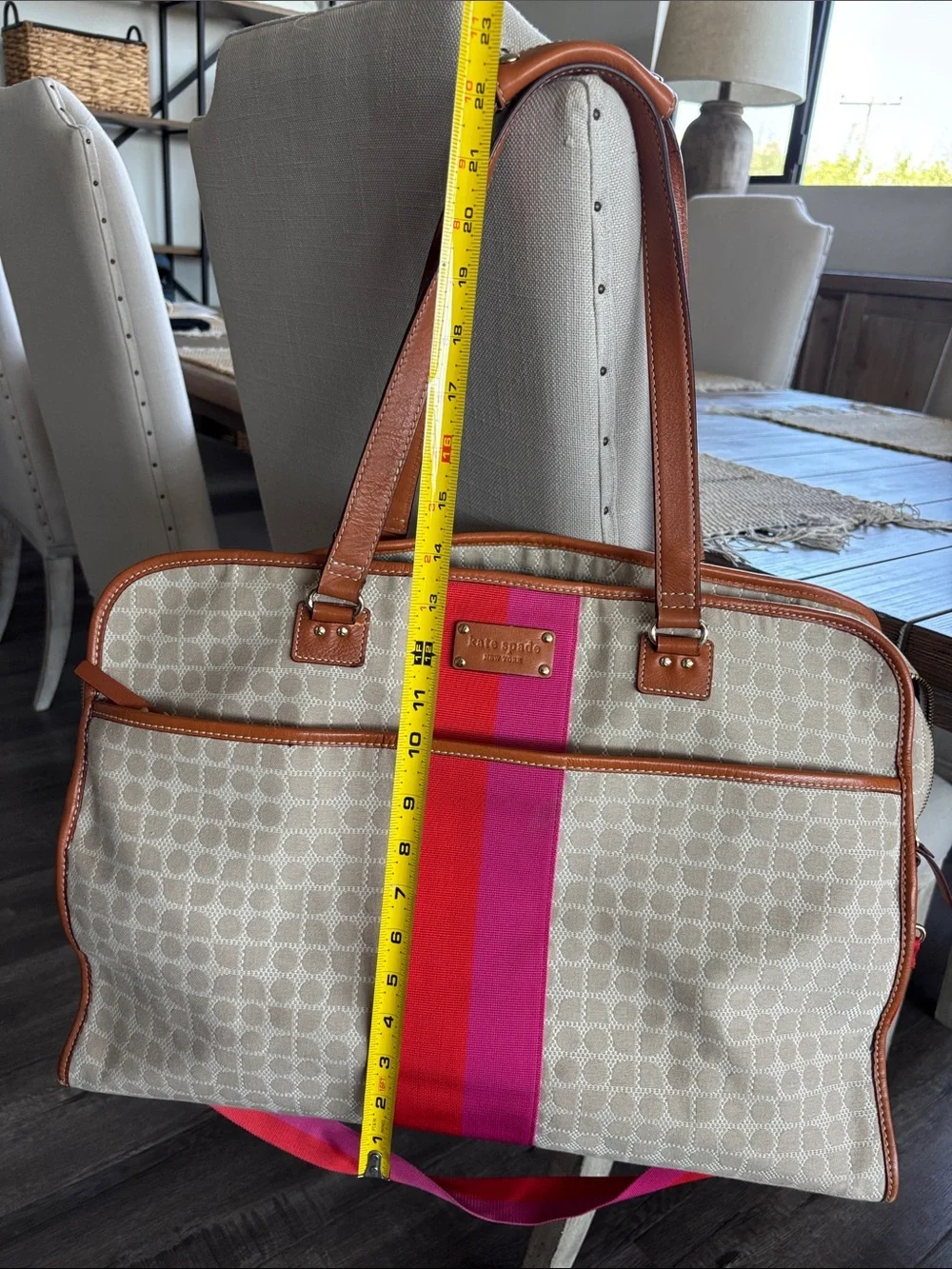 kate spade Beige Monogram Travel Tote with Pink and Red Stripe